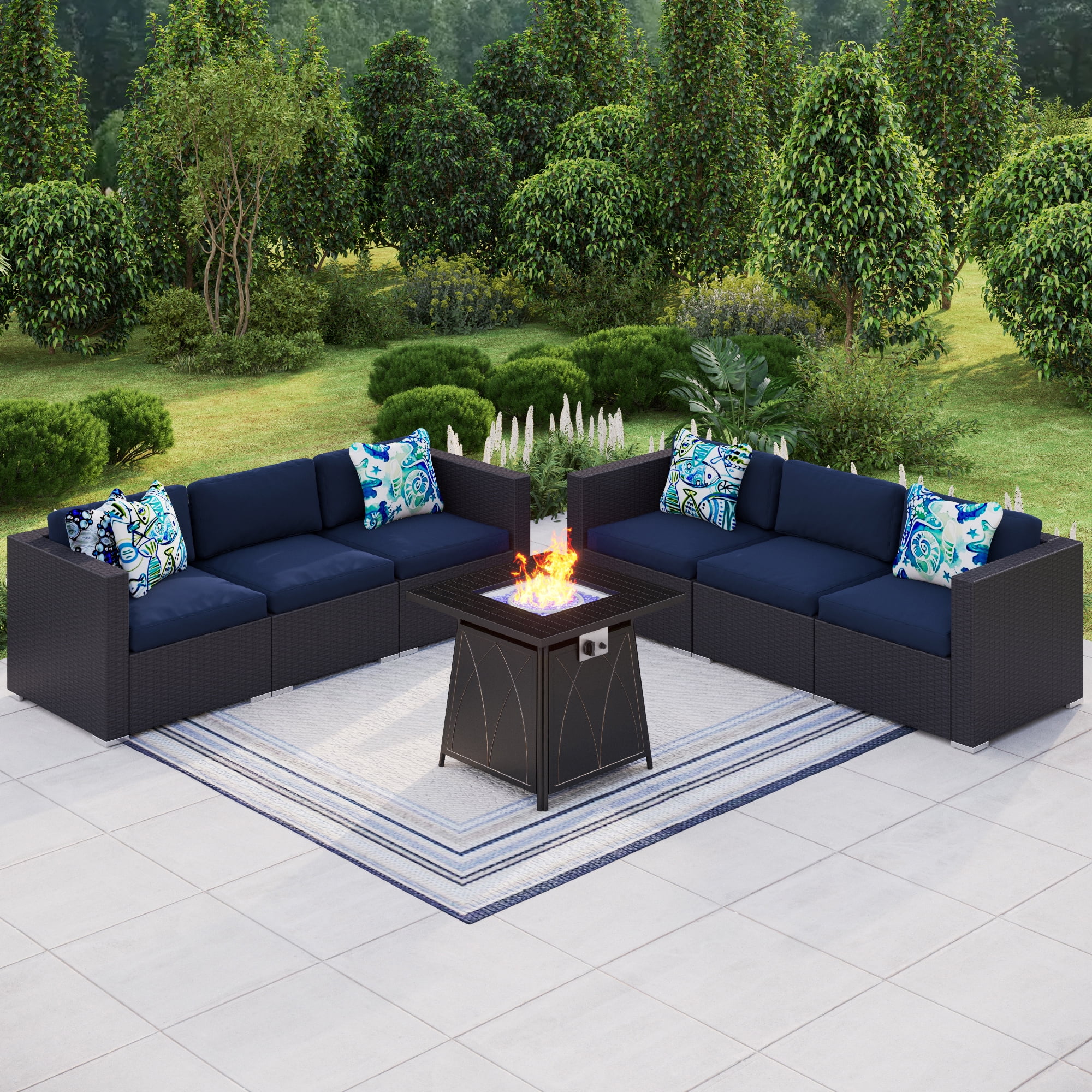 MF Stduio 7 Piece Outdoor Sectional Furniture Sets with Fire Pit Blue