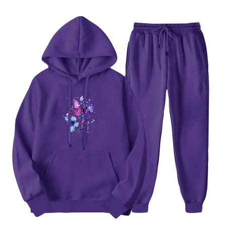 aohooy Jogger Pants and Hoodie for Women Womens Sweatsuits 2 Piece Sets Graphic Long Sleeve Drawstring Hoodie Pullover Outfits Sweatshirt Cute Trendy Lounge Sweat Set Purple M