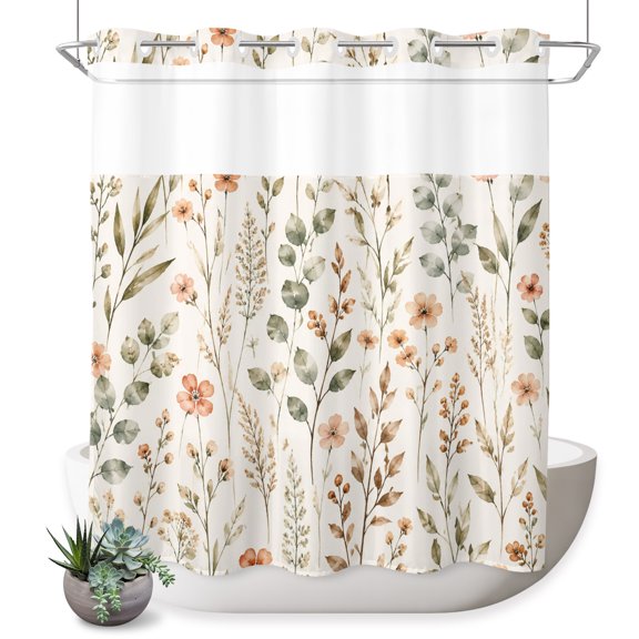 No Hook Shower Curtain, Orange Red Floral Shower Curtains for Bathroom with See Through Top Window, Fall Farmhouse Country Leaf Wild Flowers Waterproof & Washable Bath Curtain 66"x72"