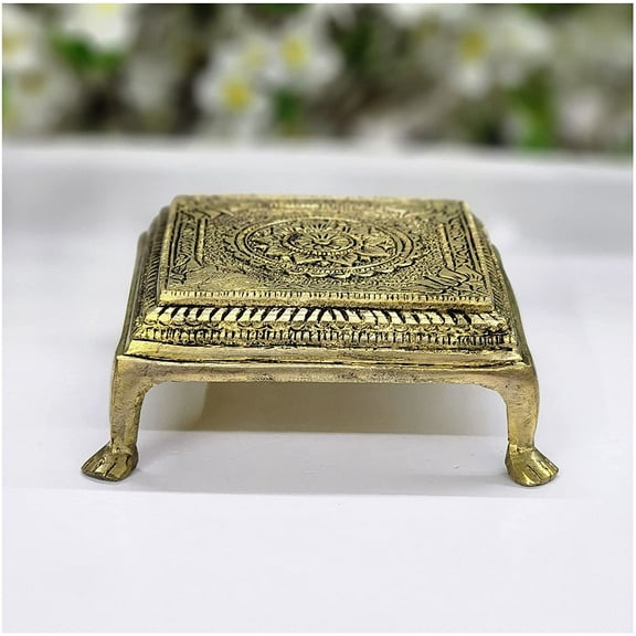 Antique Brass Pooja Chowki Traditional Pooja Stool Indian Temple Decor God Sitting Stool Chaurang Chowki Brass Bajot for God Idol Hand Curved God Sitting Table Ethnic Home Decor Gift - AtoZ India Cart