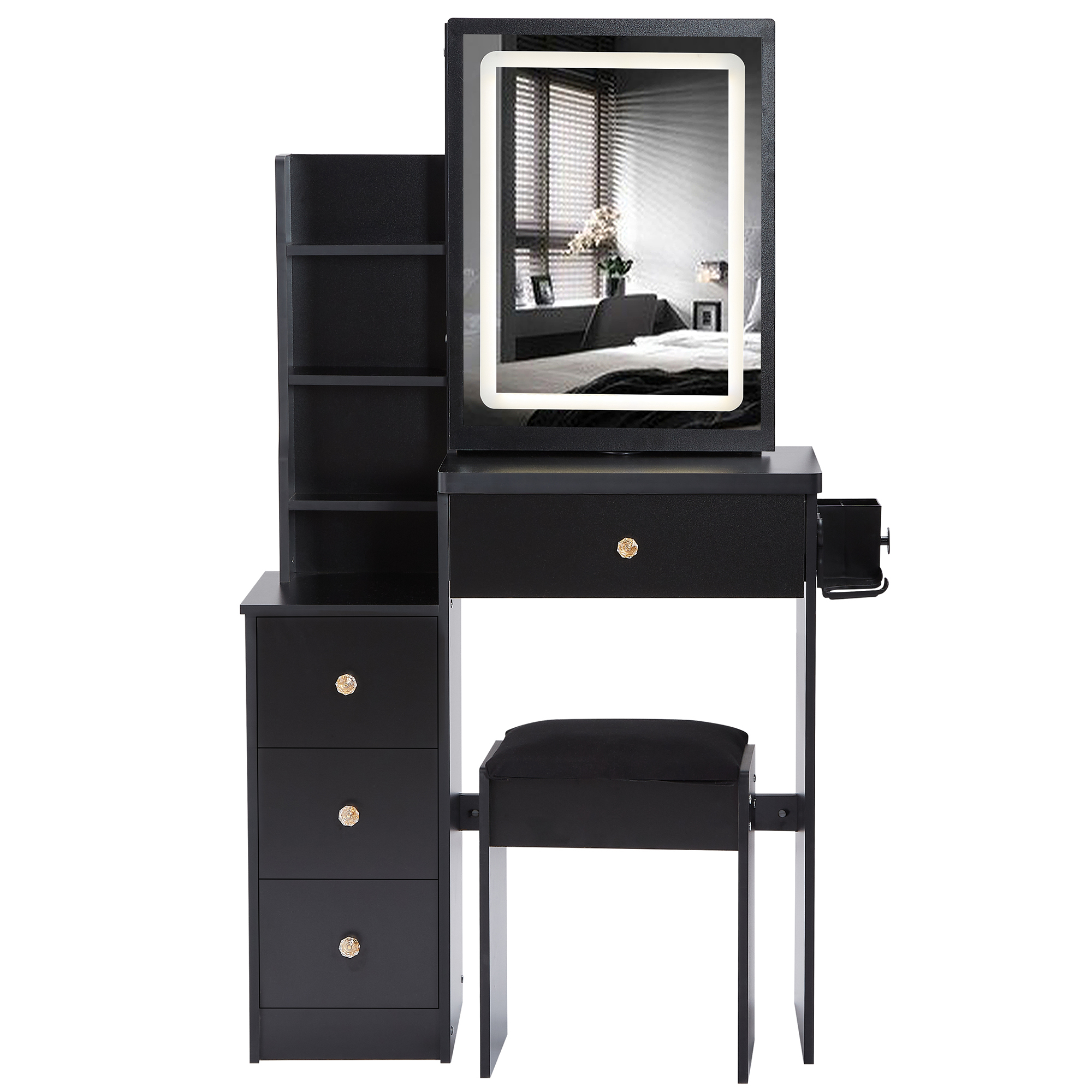 Bedside Cabinet Vanity Table + Cushioned Stool Extra Large Touch Control Sliding LED Mirror with Hair dryer bracket