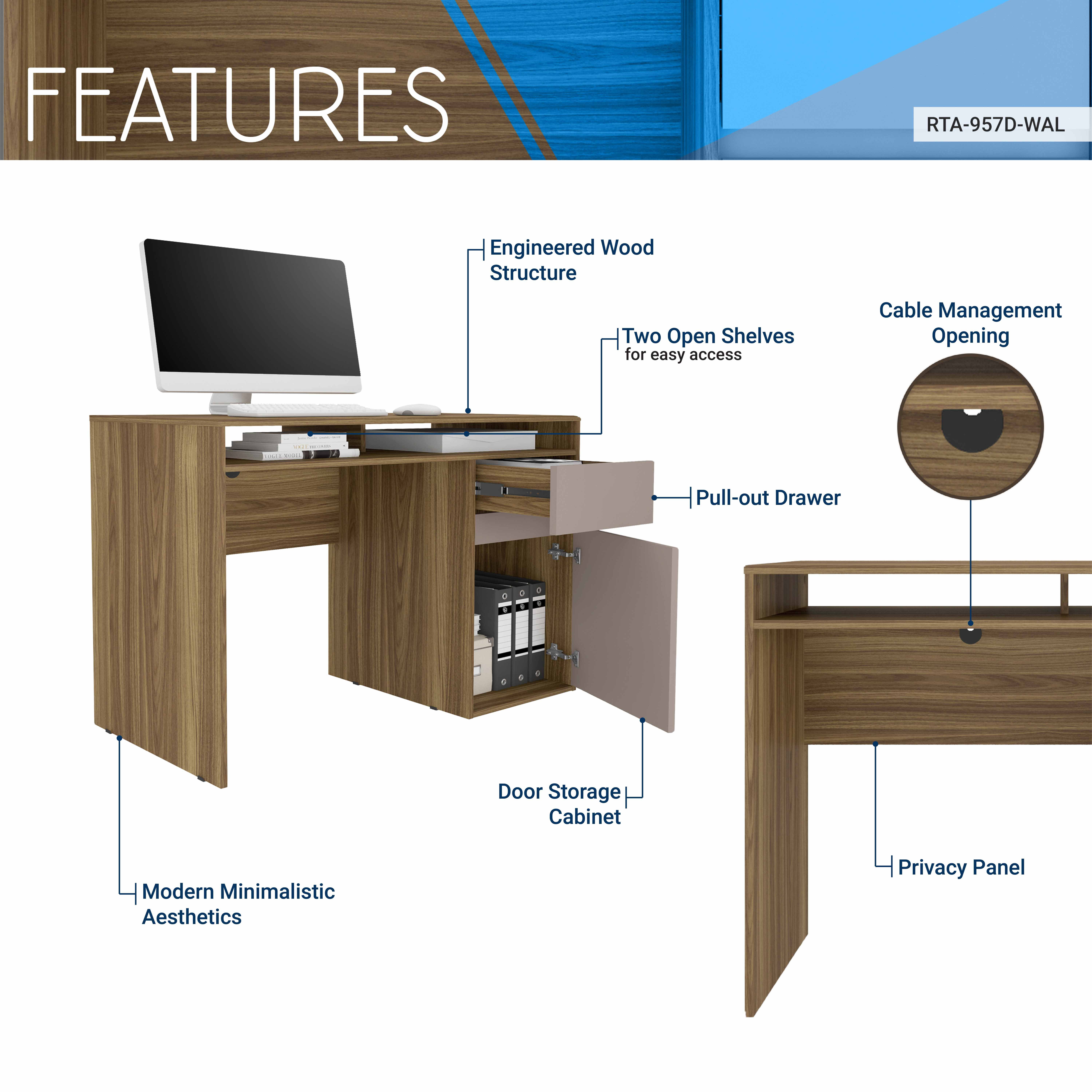 Home Office Workstation with Storage, Walnut