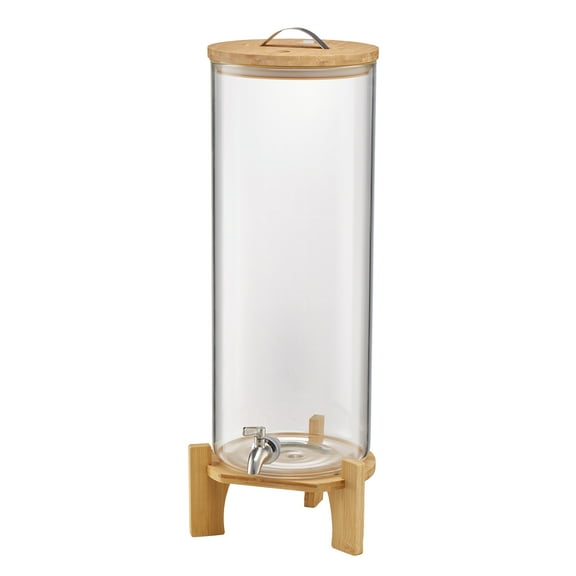 KFFKFF 3.5 Gallon Glass Beverage Dispenser with Wooden Stand, Stainless Steel Spigot, Ideal for Serving Drinks at Parties