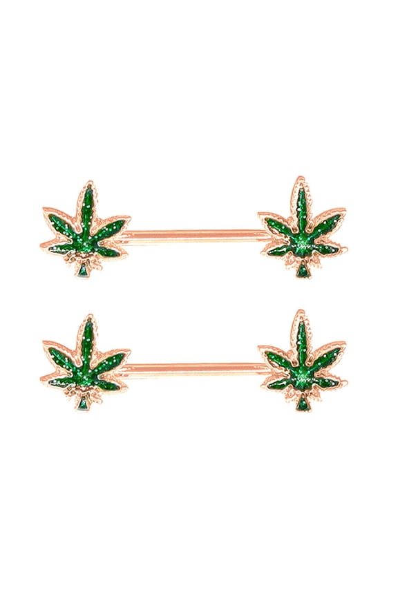 Body Piercing Jewelry Rose Gold Silver Marijuana Weed Nipple Rings Barbell Gift