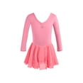 thumbnail image 6 of Virmaxy Solid Color Back Bow Long Sleeve V Neck Ballet Dance Dress Stretchy Easy Wear Mesh Mini Dress for Practice and Performance, for 3-15Y, 6 of 7