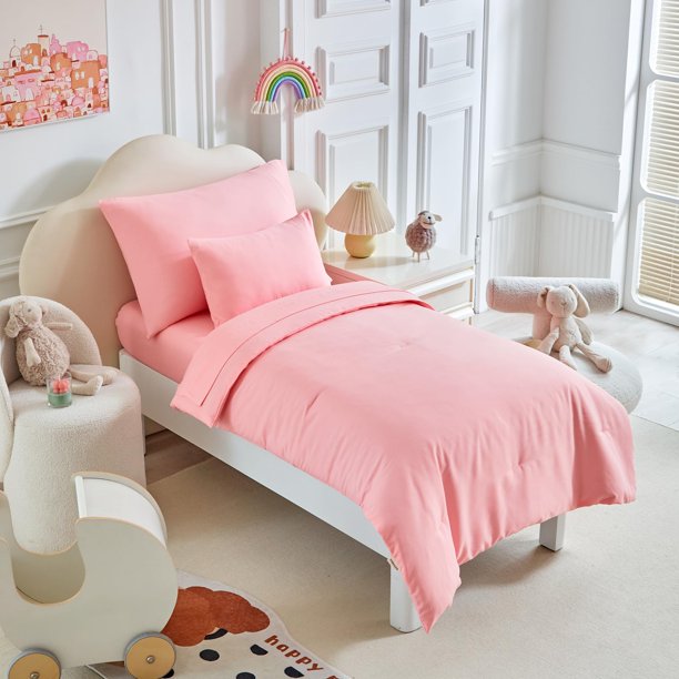 Juego de ropa de cama para niños pequeños UOZZI de 5 piezas en microfibra suave color rosa