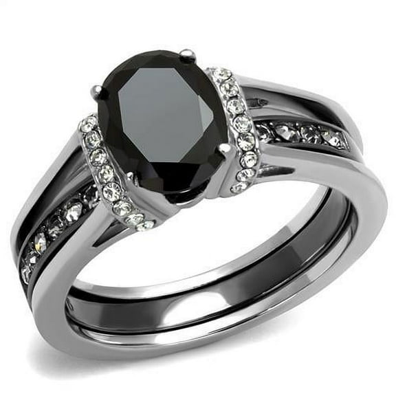 Two-Tone IP Black Stainless Steel Ring with Synthetic Synthetic Glass in Jet for Women Jet Stone Color Style TK2971 Size 10