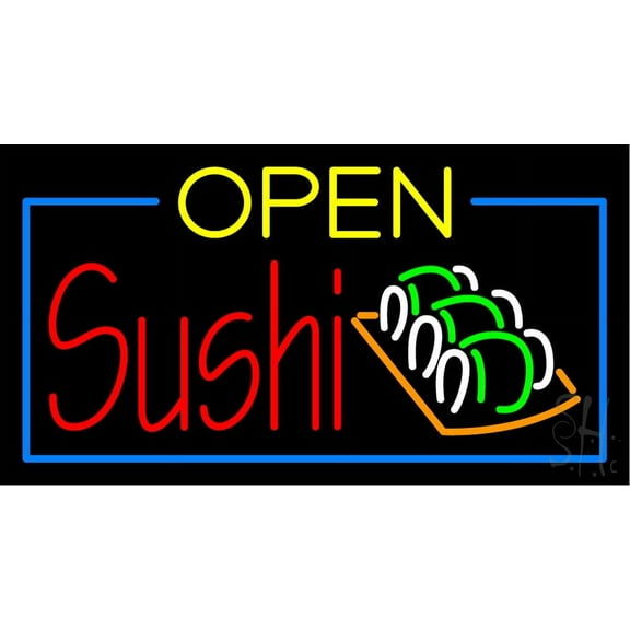 Open Double Stroke Green Sushi LED Neon Sign 20 x 37 - inches, Black Square Cut Acrylic Backing, with Dimmer - Bright and Premium built indoor LED Neon Sign for restaurant window and interior decor.