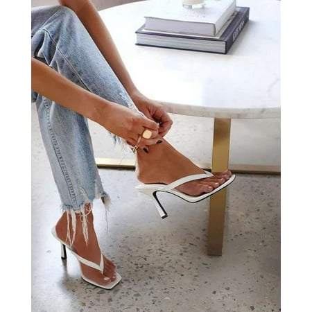 

XWQZSS Womens Heeled Sandals Strappy Square Toe Flip Flops Fashion Thong Slip on Stiletto Sandals