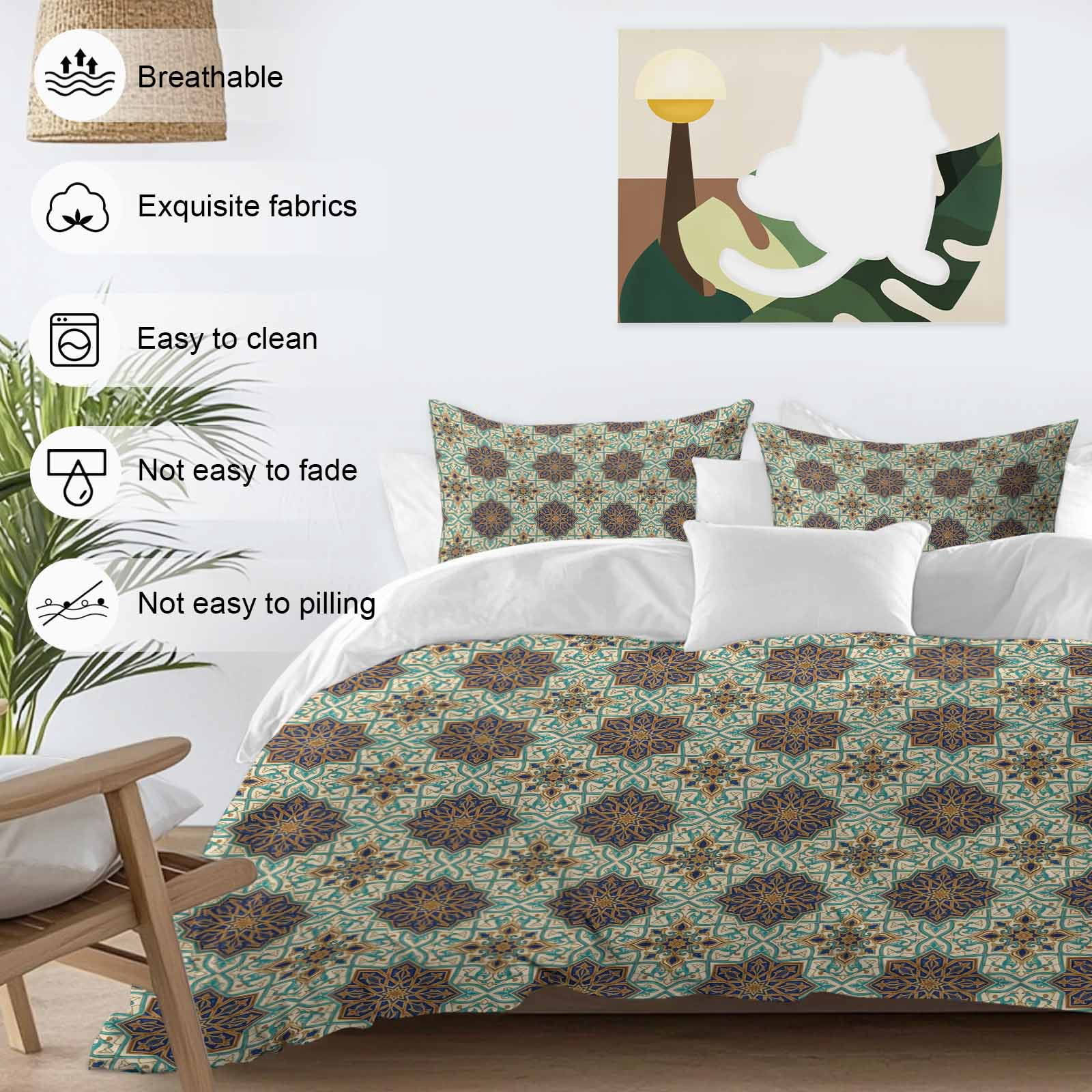 Mediterranean Bedding 3 Piece Duvet Cover Set Full Size, Vintage Morocco Abstract Pattern Brown Green Microfiber Comforter Cover with Zipper Closure & Pillowcases, Wrinkle & FadeResistant Quilt Cover