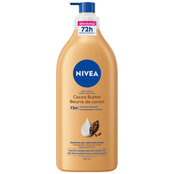 NIVEA Cocoa Butter 72-Hr Moisture Body Lotion for Dry Skin with Hyaluronic Acid, 625 mL