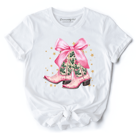 Pink Western Coquette Cowgirl Boots T-Shirt, Country Holiday Tee