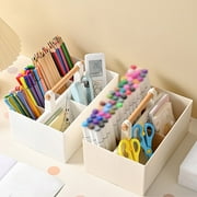 pstuiky Multifunctional Desk Organizer with Handle Office Stationery Storage Box Beige or White Plastic Pen Holder with Compartments
