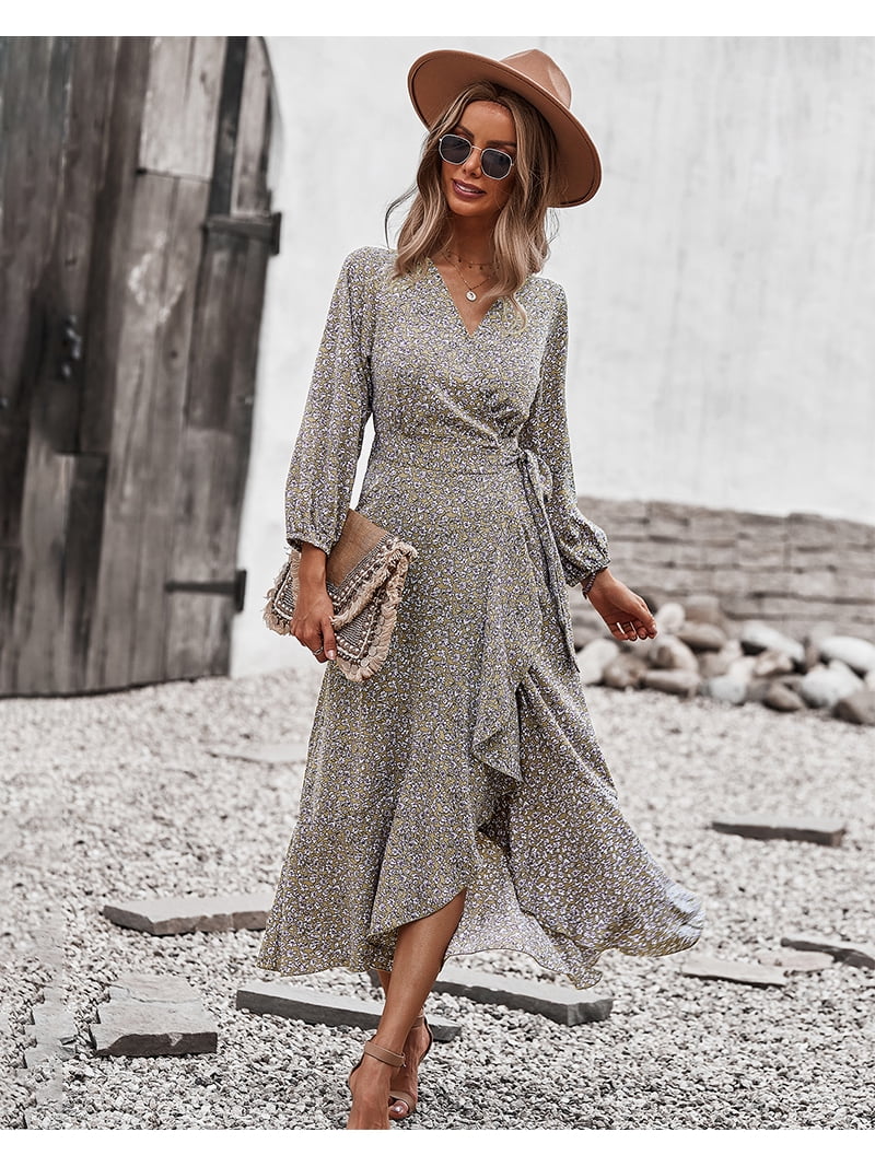 knee length dresses for ladies Black Flutter Sleeve Wrap-Style Midi Dress with Smocked Waist L (8-10) main image 1