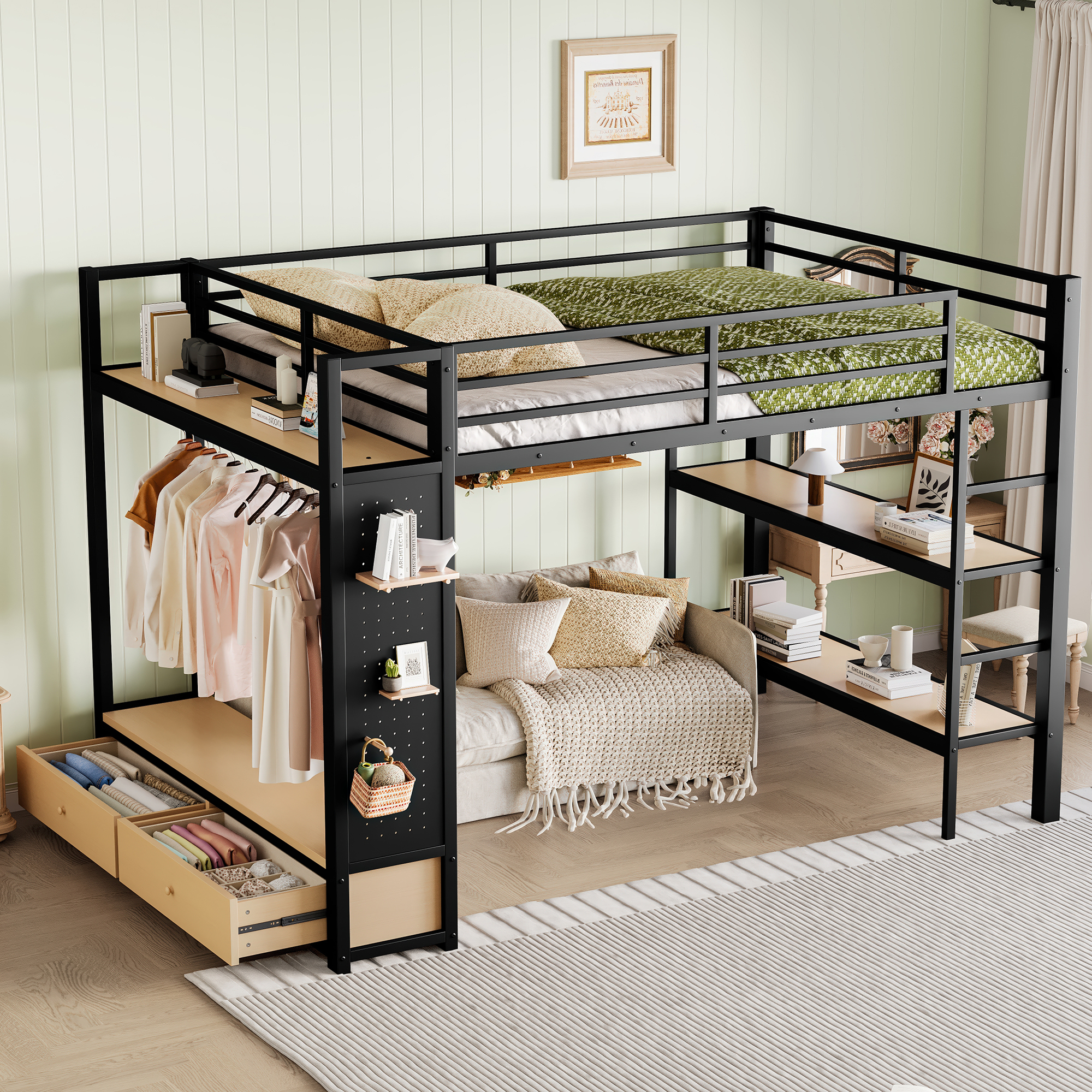 Euroco Queen Size Loft Bed with Built-in Desk, Shelves and Wardrobe, Metal Bed with Bookcase and Pegboard for Kids Teens Adults Bedroom, Black