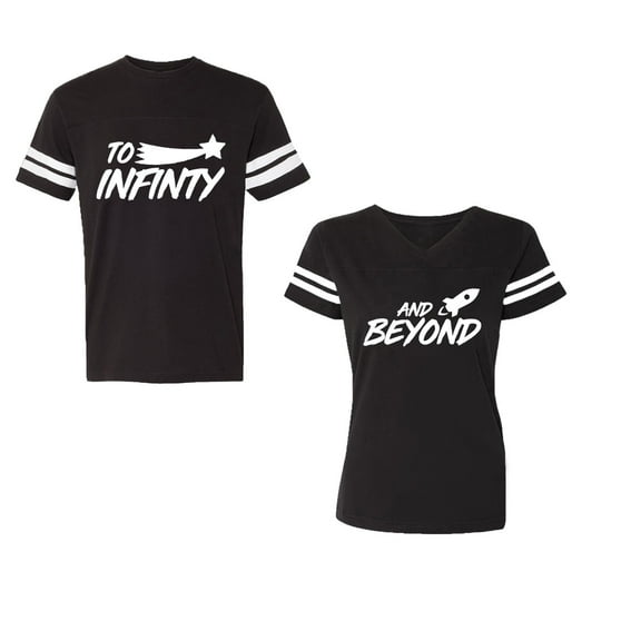 To Infinity and BeyondUnisex Couple Matching Cotton Jersey style T-Shirt Contrasting stripes on sleeves (Men Black / Women Black) (Men S / Women S)