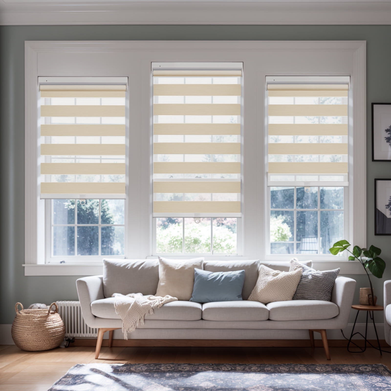 Keego No Tools No Drill Cordless Zebra Roller Blinds Blackout Dual Layer Roller Shades Privacy Zebra Windows Shades Zebra Blinds for Windows - Sand, 26"W x 64"H