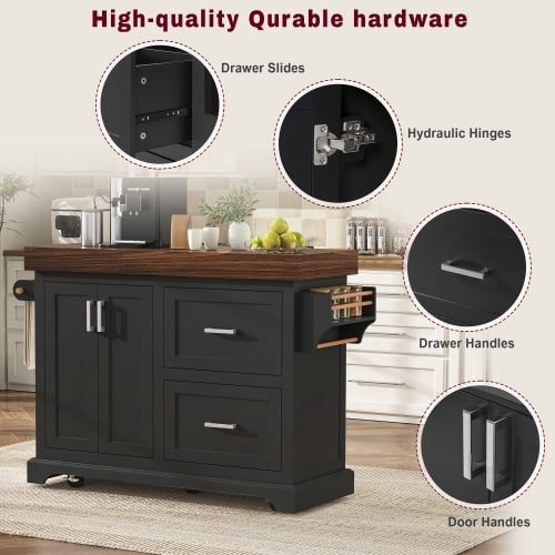 53" Large Kitchen Island with 3.5" Thick Desktop, Rolling Kitchen Cart with 5 Wheels, 2 Extra-Large Drawers & Cabinet, Spice Rack, Towel Rack, for Home, Kitchen, Dining Room, Black