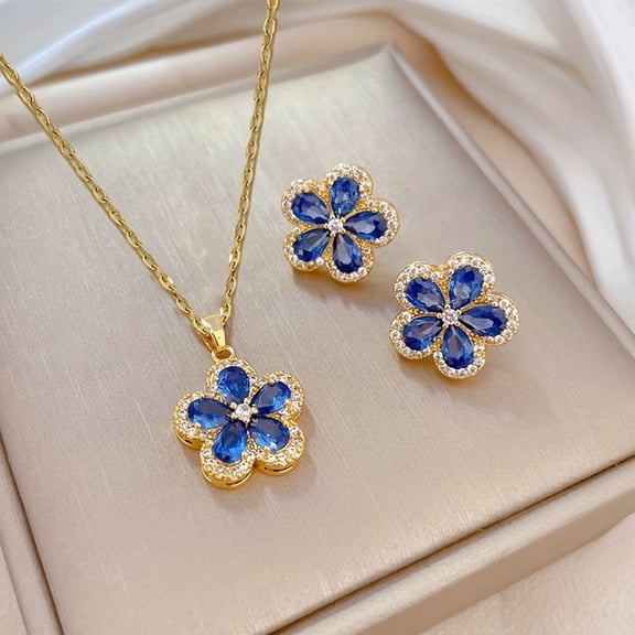 HOARBOEG Flower Necklace and Earrings Set for Women, Man-made Cubic Zirconia Pendant, Alloy Choker & Stud Earrings, Electroplated Jewelry, Mother's Day Gift for Mom