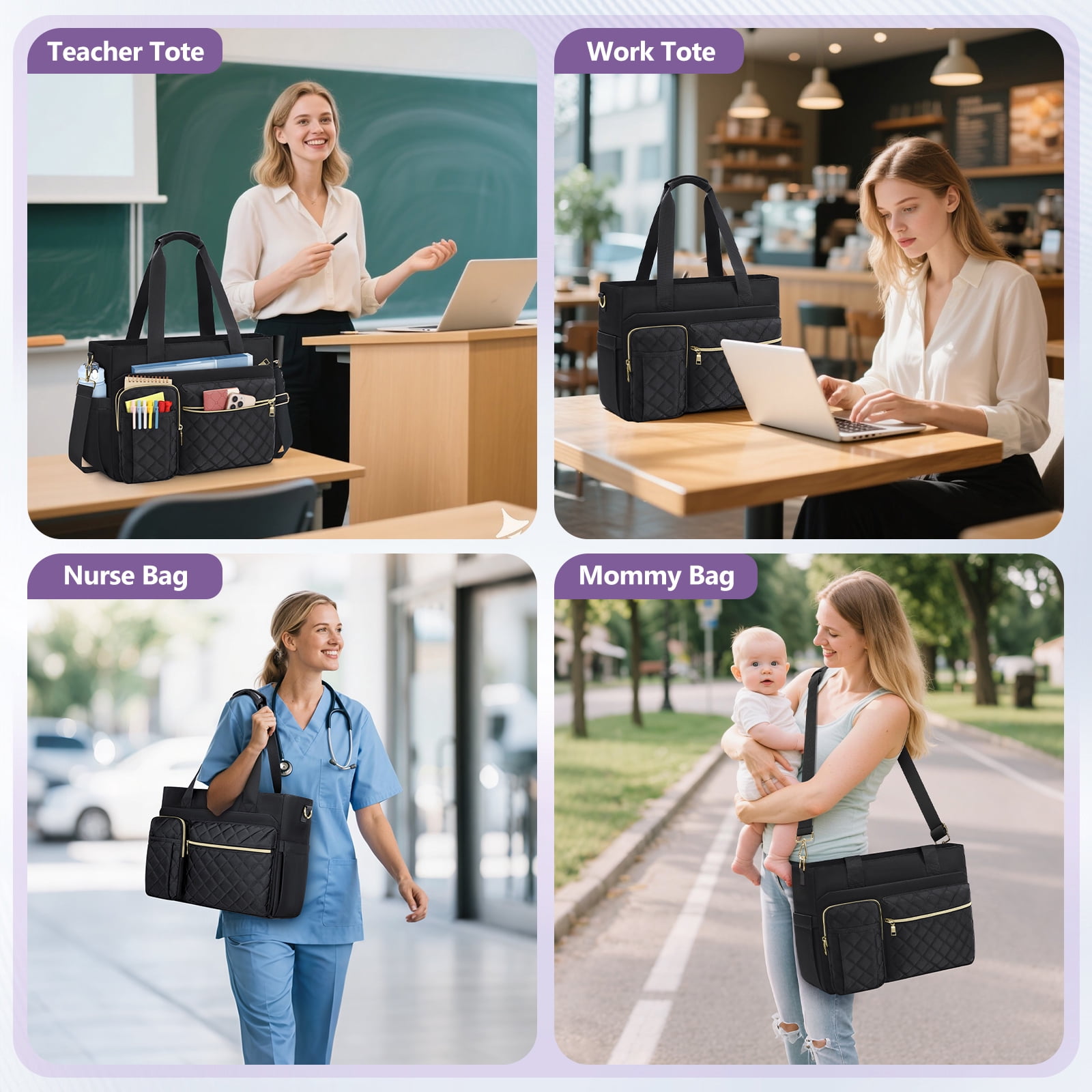 Teacher Tote Bag 15.6 inch Laptop Bag for Women Laptop Briefcase Work Bags Nurse Tote Professional Computer Messenger Shoulder Bags for Office, College, Nursing,Black