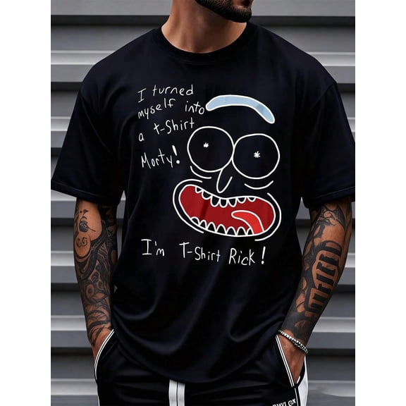 【New Arrival】Hand Drawn Surreal Sci-Fi Cartoon Face Handwriting Quote T-Shirt, Soft Cotton Crew Neck Short Sleeve Casual Streetwear Tee, Humor Graphic Gift For Animation Art Fans