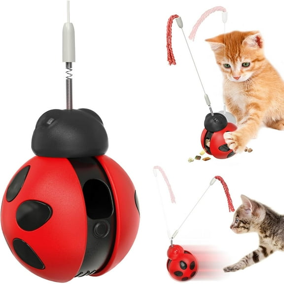Cat Treat Dispenser Toy, Rolling Wobble Design with Spring Teaser Wand, Interactive Food Puzzle for Cats