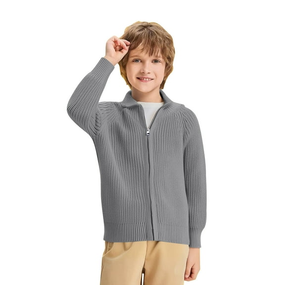 Cethrio Boys Cardigan Sweaters Size 10-12, Zip up Lapel Stretch Knitting Cotton Sweaters for Boys Gray