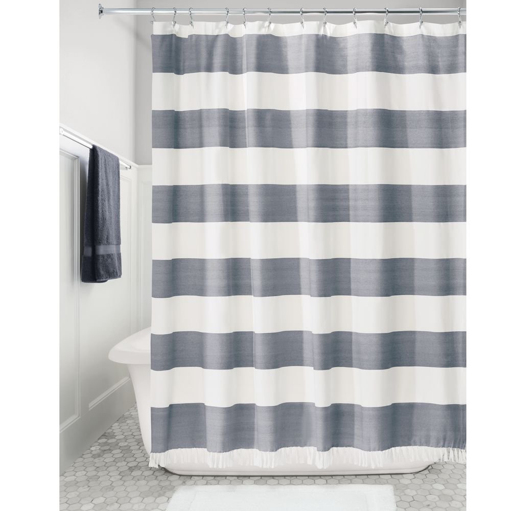 iDesign Wide Stripe Fabric Shower Curtain, Navy