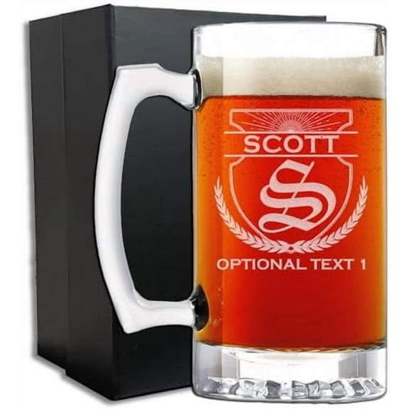 Personalized Etched Monogram 25oz Glass Beer Mug, Father' Day, Monogram, Customized Name, Custom Beer Gifts for Men, Birthday gifts for HIm, Engraved Stein, Scott$$Home Decor, Kitchen, & Other