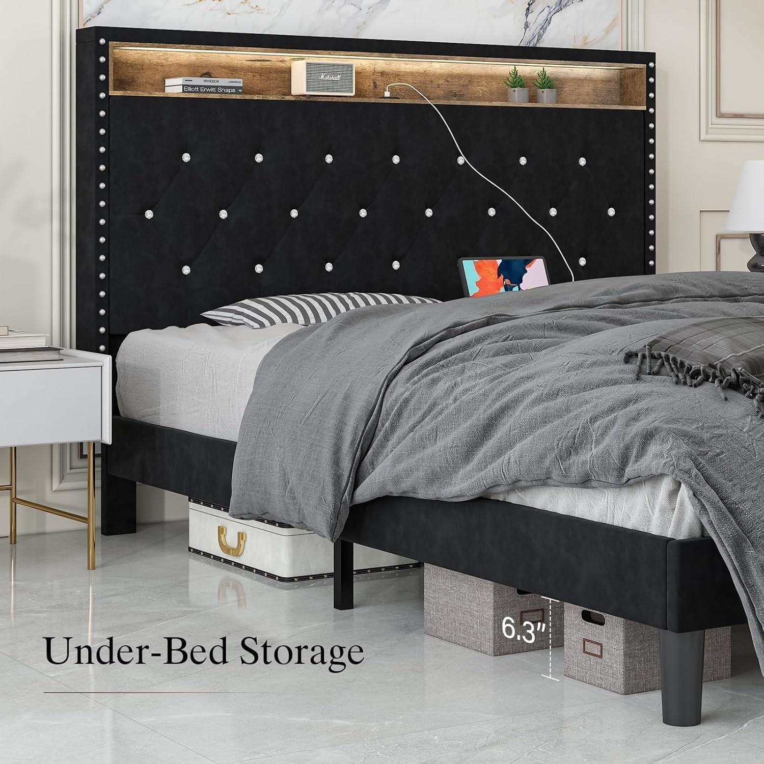 4 EVER WINNER Full Size Bed Frame with Storage Headboard, Velvet Upholstered Bed Frame with LED Light, Black Full Bed Frame with Charge Station, Black