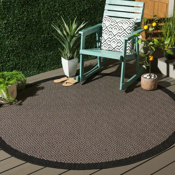 SAFAVIEH Beach House Grosvenor Bordered Indoor/Outdoor Area Rug, Black/Ivory, 6'7" x 6'7" Round