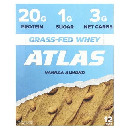 Atlas Protein Bar, 20g Protein, 1g Sugar, Clean Ingredients, Gluten Free, Vanilla Almond, 12 Count