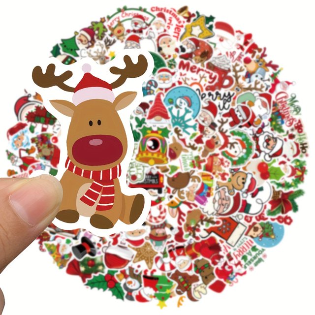 100pcs Festive Christmas Stickers - Cartoon Santa, Animals & Tree Designs for Laptops, Scrapbooks & Fridge Decor | Matte Finish, Self-Adhesive PVC