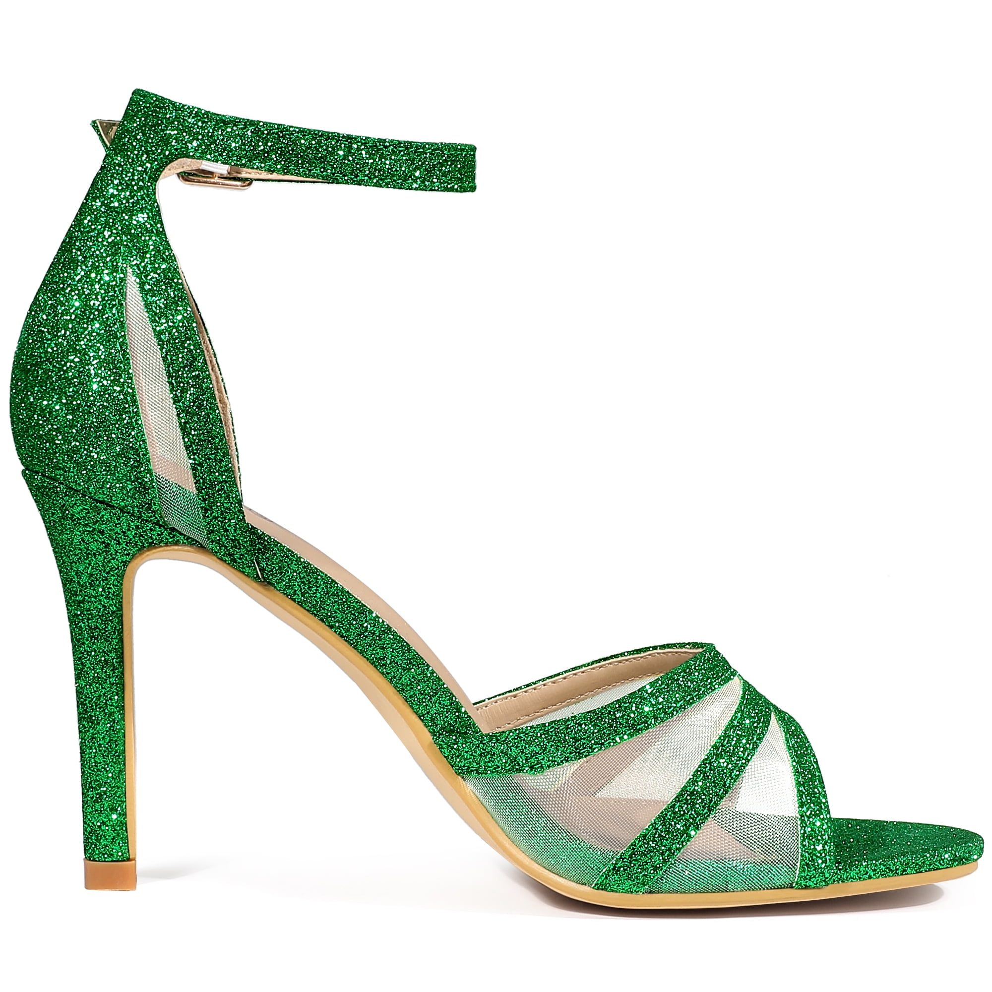 DARING DIVA Women's Glitter Ankle Strap Stiletto Heels Sandals Grass Green 7.5