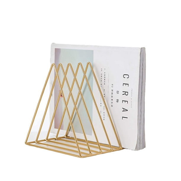 QPEY Soporte triangular para archivos, soporte para discos de vinilo de metal con 5 ranuras, soporte para revistas, periódicos, accesorios de fotografía para oficina, hogar, 1 pieza (dorado)