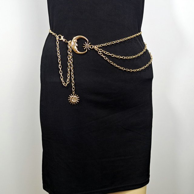 Cadena de cintura con colgante de aleación de joyería con forma de sol, luna y estrella, cadena de cuerpo de temperamento retro de moda para mujer