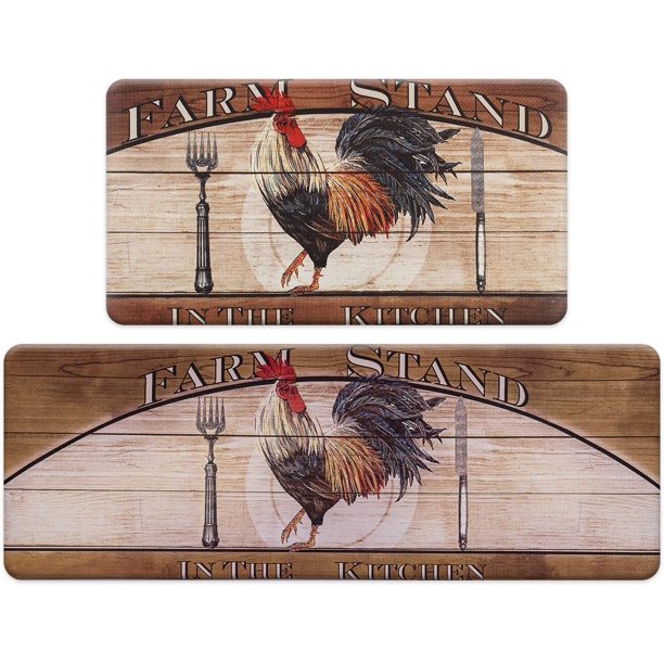 Rooster Kitchen Rug Set 2 Pieces, Cushioned AntiFatigue Kitchen Floor