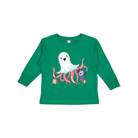 Inktastic Cute Ghost Octopus Trick or Treating with Bat Boys or Girls Long Sleeve Toddler T-Shirt