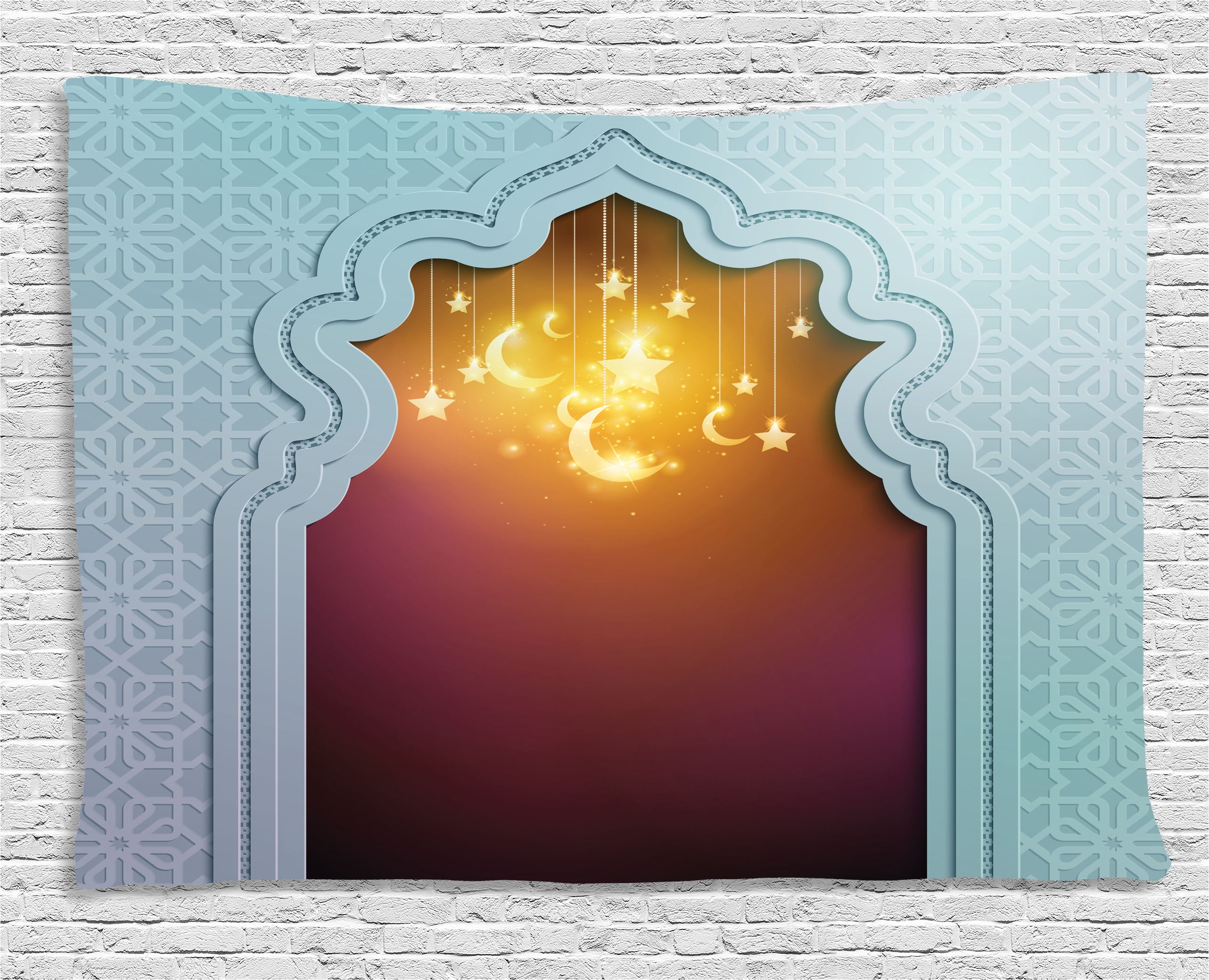 Moroccan Tapestry, Mosque Door with Shiny Star and Moon Ornaments Arabic Words... by Kozmos