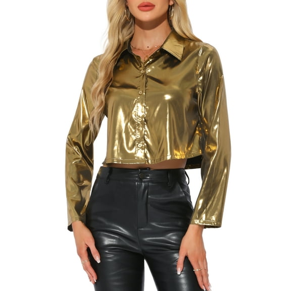 DARING DIVA Women's Long Sleeve Button Down Blouse Shirt Party Tops XS Gold