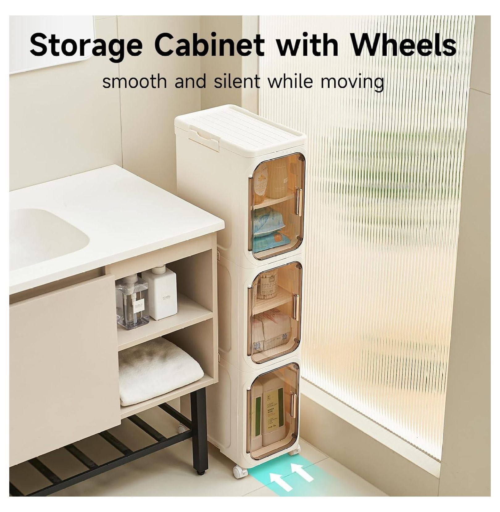 4-Tier Tall Narrow Storage Cabinet- Plastic Slim Bathroom Storage Organizer with Magnetic Doors,Adjustable Shelves&Movable Wheels, Foldable Skinny Cabinet for Small Spaces,Kitchen