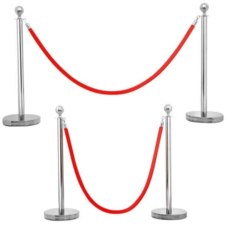 Queue Fluid - 2pcs Silver Round Top Stainless Steel Stanchion Posts Queue Barrier w/6.5ft Red Rope