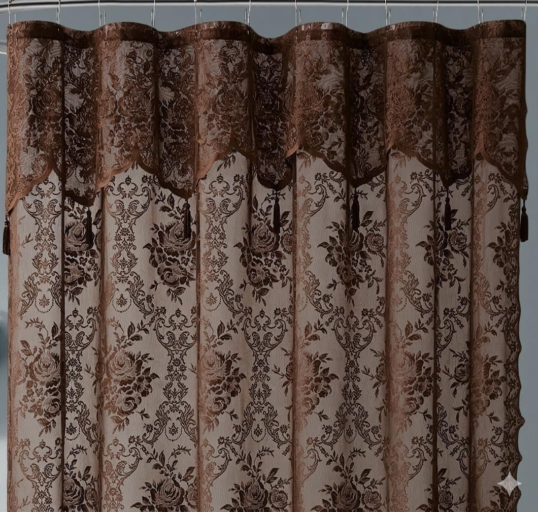 WARM HOME DESIGNS Chocolate Lace Shower Curtain 72 W x 84 L Inches with Attached Valance & Tassels. LA Chocolate 84