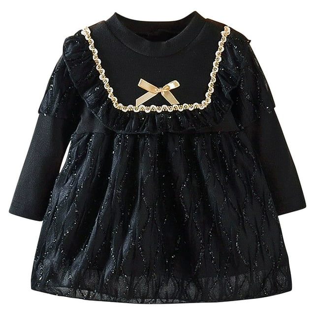 Robe pour Fille Bébé Robe à Volants en Coton pour Tout-Petits Robe de Fête Princesse à Manches Longues avec Nœud Noir 110