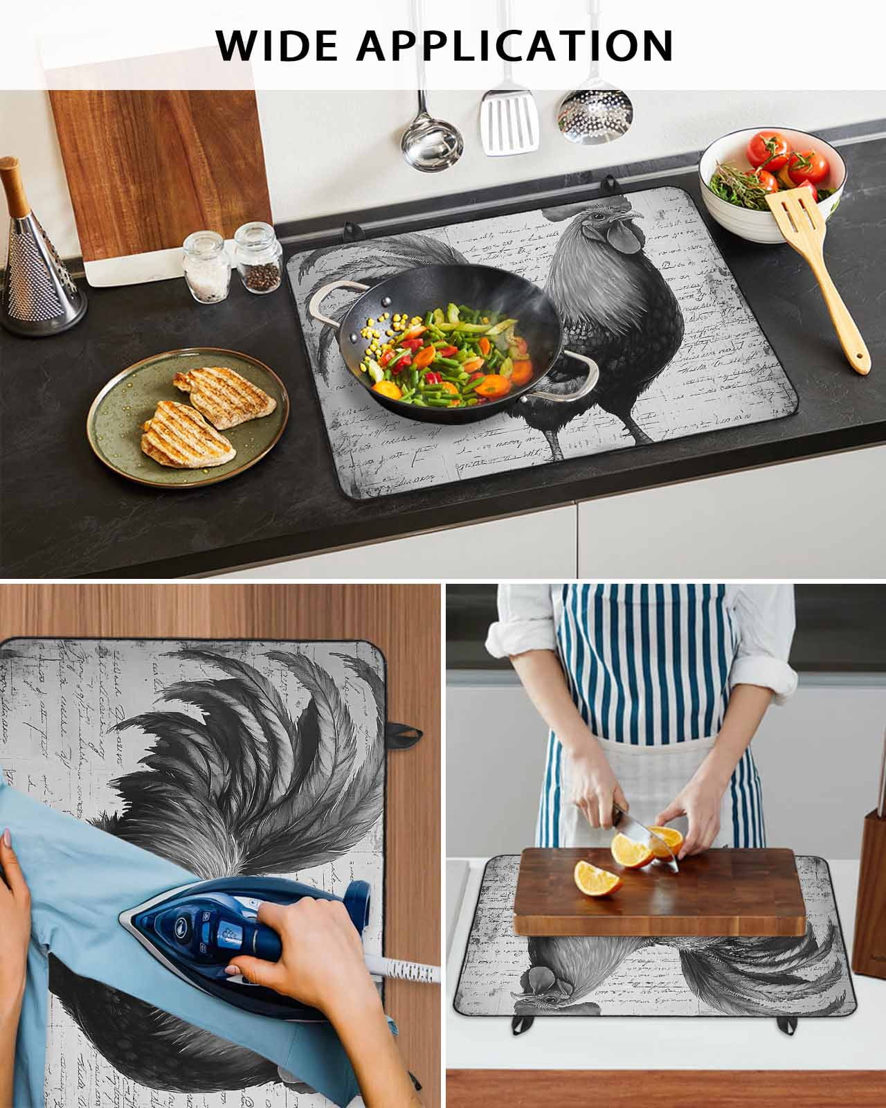 nqOlkjepod Large Induction Cooktop Protector Mat 36"x21", Grey Retro Rooster Stove Top Covers for Electric Stove, Farmhouse Vintage Country Animal Stove Burner Cover Mats, Glass Top Stove Cover