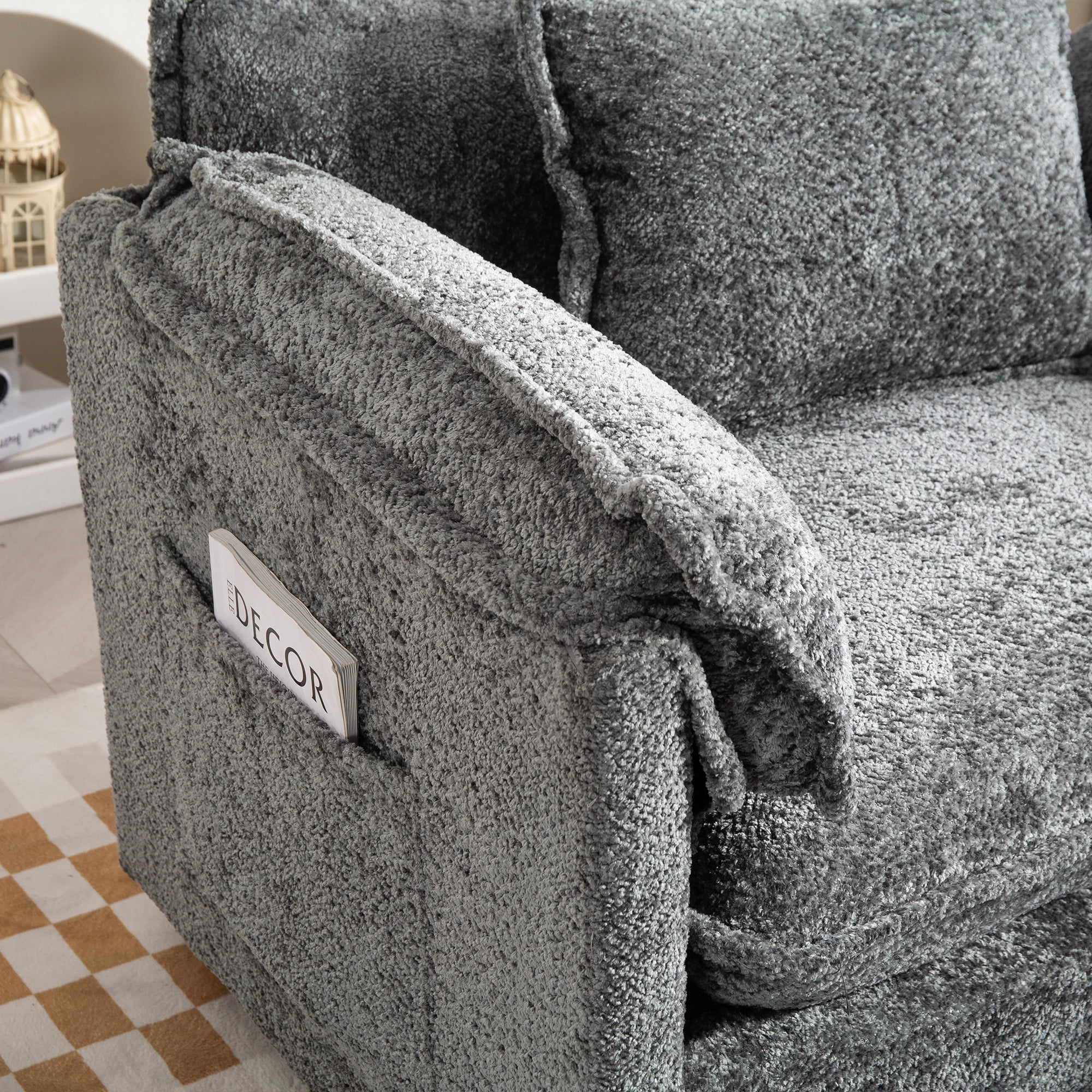 Miniyam 55" x 39.76" Luxury Oversized Boucle Sofa Bed with Ottoman, Single Seater, Double Deep Cushion & Thick Armrests for Living Room, Bedroom, Dark Grey