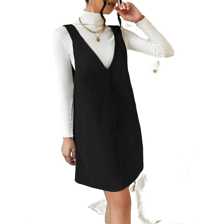 Casual Solid V Neck Pinafore Black Women s Dresses Women s M Walmart