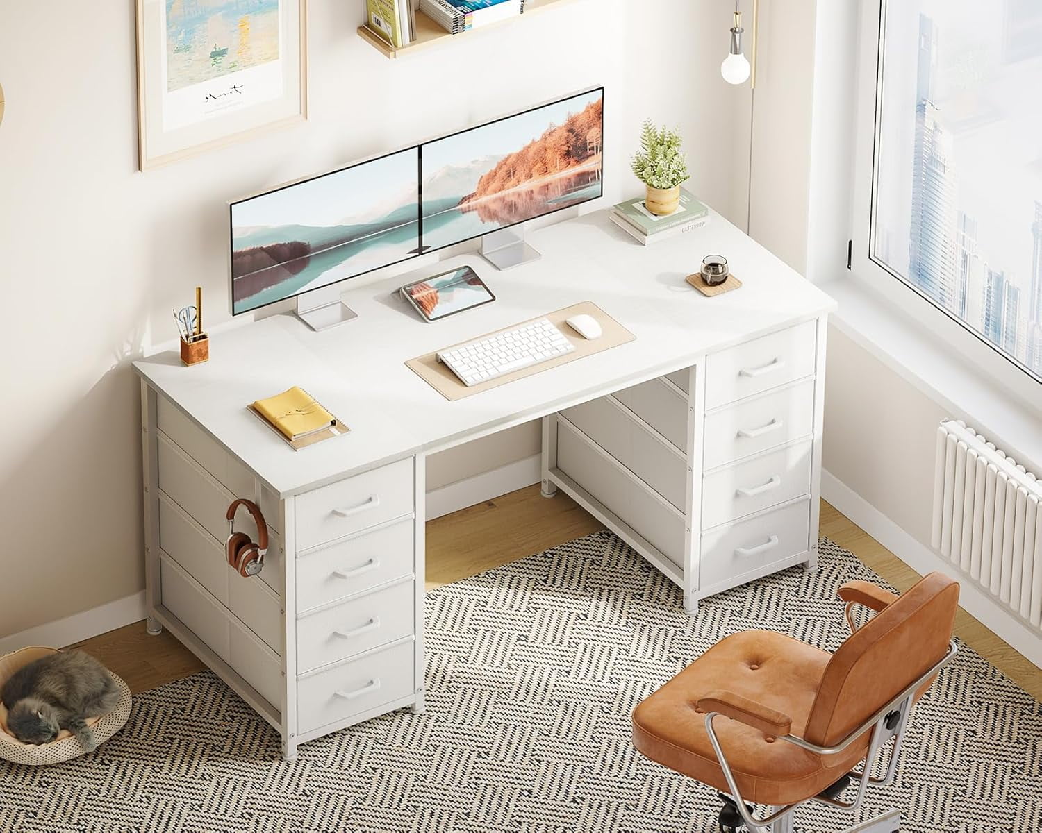 ZYPPP 48 Inch White Computer Desk with 8 Fabric Drawers, Modern Office Desk with Large Storage for Home Office, Study, Gaming, White