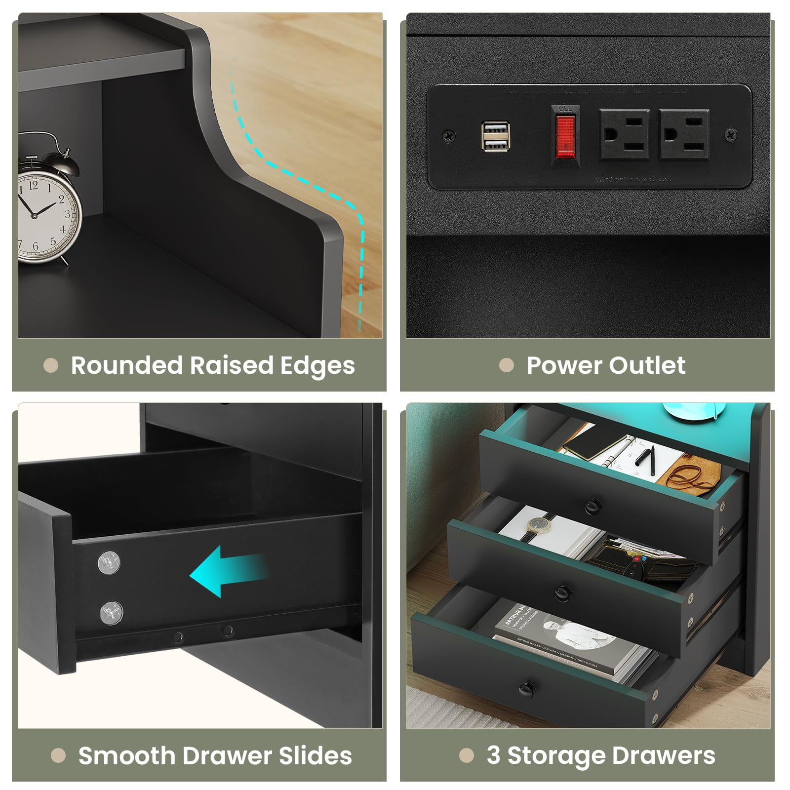 Nightstand with 3 Drawers and Hutch,Night Stand with LED Lights and USB Port Charging Station,LED Bedside Table with Shelves,Black