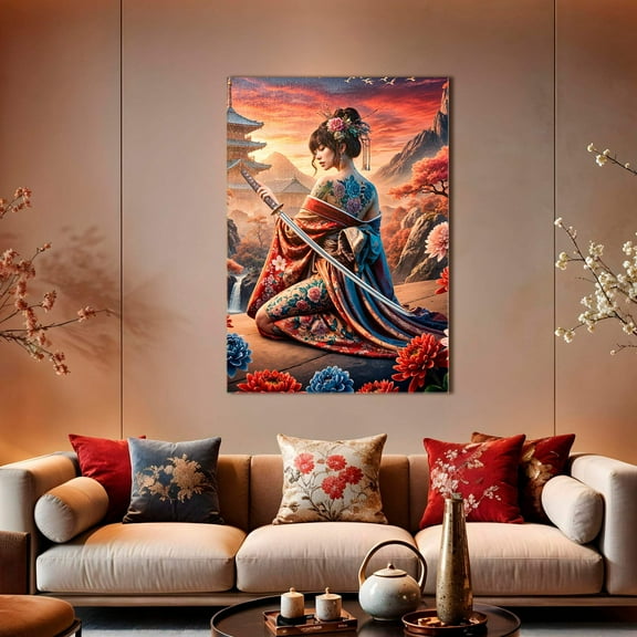 Sunset Sakura Warrior Tattooed Geisha with Katana Canvas Print - Elegant Wall Art for Home Decor